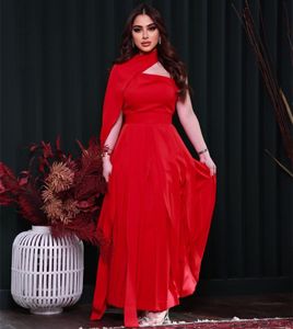 Elegant Short Red Halter Evening Dresses With Cape A-Line Muslim Prom Dress Muslim Ankle Length Party Dresses for Women