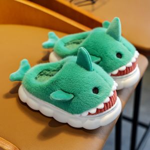 Children's cotton slippers winter boys and girls cartoon cute shark personality home warm thick plush slippers green