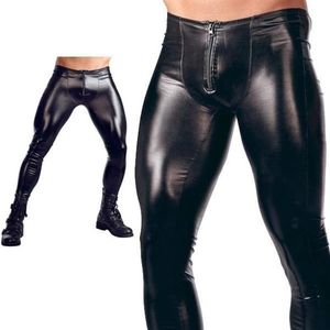 Calças masculinas Zogaa Mens Sexy Front Zipper Patent Leather Calças Nightclub Bar Performance Stage Cool Masculino Preto Skinny Trouser212R