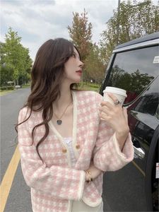 Cárdigan a cuadros rosa para mujer, moda coreana, chaqueta con cuello en V, suéter de punto recortado elegante para mujer 2023
