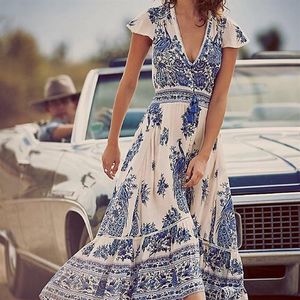 high quality Women Sexy V Neck Maxi Boho Dress Floral Summer Beach Cocktail Party Long Sundress2717