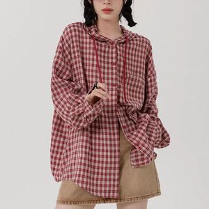 Damenblusen Vintage Red Check Shirts Frauen Koreanischer Stil Oversize Plaid Bluse Hippie Harajuku Streetwear Langarm Top Button Up