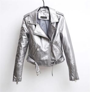 Kvinnorjackor Fashion Women Autumn Winter Faux Soft Leather Jackets Ladies Pu Silver Black Pink Zippers Coats Motorcykel Ytterkläder 231013