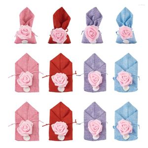 Jewelry Pouches 20Pcs Polyester Ramie Blended Yarn Drawstring Gift Bags With Rose Decor