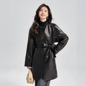 Women's Leather Alessandra RICH V-neck Fashion Simple Lace Up Mid Length Sheepskin Coat For Women