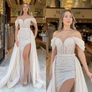 Elegant Mermaid Evening Dresses with Overskirts Off Shoulder Sequins Formal Party Prom Dress Ruffle Dresses for special occasion