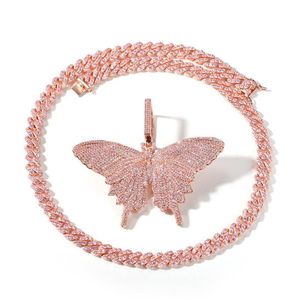 Hip Hop Rose Gold Butterfly Pendant Halsband Pink Cuban Link Chain Tenniskedja för män Kvinnor Iced Out Cubic Zircon Fashion Jewel285y