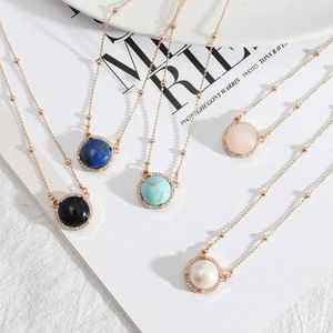 Pendant Necklaces Crystal Surround Round Hemisphere Lapis Lazuli Natural Stone Necklace Beaded Chain 1.70 Cm Dot