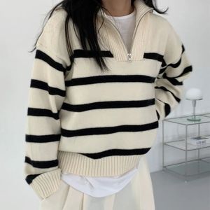 Kobiety swetry w paski mody kobiety swetry jesienne zimowe pulovery koreańskie dzianiny długie rękaw z suwakiem Top Jumper Sweater 231013