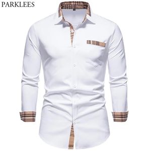 Erkekler Sıradan Gömlek Parklees Sonbahar Ekose Patchwork Resmi Gömlek Erkekler İnce Uzun Kollu Beyaz Düğme Up Gömlek Elbise Busine233Z