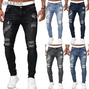 Herr jeans 2021 cool rippade magra byxor sträcker smala denim byxor stor storlek hiphop svart blå avslappnad jogging för män235j