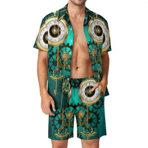 Erkeklerin Trailtsits Steampunk Takı Saat Plaj Erkekler Setleri Saatler Saat Baskı Sıradan Gömlek Yaz Şortları 2 Parça Trend Giyim Büyük Boyut