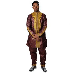 Etnisk kläder Afrikansk man Fashion Bazin Riche broderi design lång topp med byxor utan skor 231013