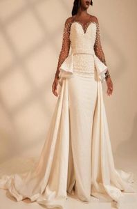 2019 African Plus Size Mermaid Wedding Dresses Luxury Beaded Pearls with Satin Overskirt Sweep Train Wedding Gown vestido de novia9047555
