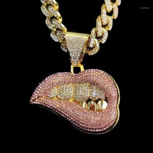 Pendant Necklaces Rhinestone Iced Out Miami Cuban Link Chain Sexy Biting Lips Necklace For Men's Chains Hip Hop Jewelry On Th287P