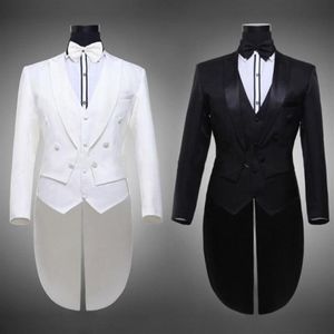 Giacca Pantaloni Cintura Maschile Matrimonio Sposo Abito a coda di rondine Prom Nero Bianco Smoking Abito formale Costumi Tre pezzi Abiti da uomo Sing285C