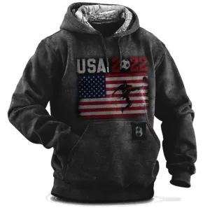 2023 Men's Hoodie American Flag Letter Print Hooded Sweatshirt Harajuku Wind Pullover Winter Vintage Clothes Casual