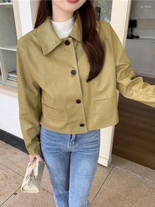 Женские куртки в корейском стиле, куртка из искусственной кожи с длинными рукавами для женщин, осень 2023, однобортное однобортное пальто из искусственной кожи с лацканами, женское