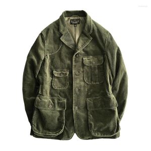 Men's Suits Corduroy Suit Multi-pockets Loose Thcik Oliver Green Stripe Safari Jacket Spring Autumn Western Biker Vintage Clothes