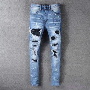 Jeans da uomo di design classico con ricamo stampato, foro per motociclisti, pantaloni da uomo di moda da uomo in denim di lusso284E