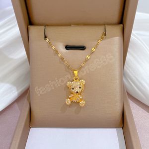 316L Stainless Steel Romantic Sweet 3D Geometric Crystal Bear Necklace For Elegant Women Female Chains Jewelry Accseeories