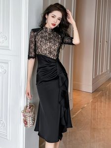 Grundlegende Freizeitkleider Neues Damen-Midikleid im Retro-Stil für Damen, schwarz, durchsichtige Spitze, gespleißter Satin, gerüscht, geteilte Robe, Femme, Party, Abschlussball, Vestidos 2024