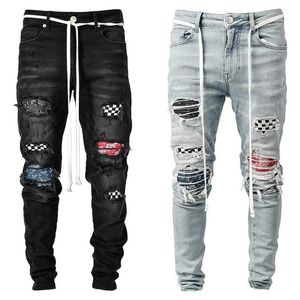 Mens Moto Biker Dżinsy Hip Hop haft czarny niebieski chłodny chude rozciągnięte rozciąganie Slim Elastyczne Pencil Pencilu Mężczyzna S-3XL Y0127253D