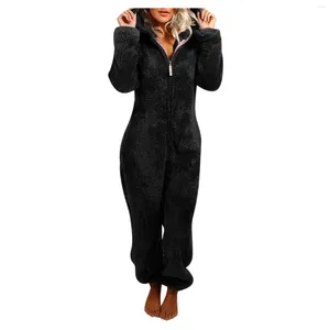 Mulheres de pele com capuz macacão pijamas manga longa sleepwear casual casaco de inverno quente cor sólida zíper pele de carneiro feminino