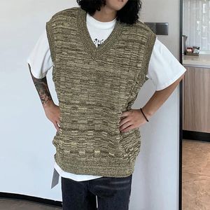 Men's Vests Mens Knit Tank Tops Fashion V Neck Sleeveless Crochet Knitted Camisole Vintage Streetwear Men Clothing Leisure Jacquard Vest Top