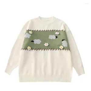 Kvinnors tröjor Pullover Beige Chic Cartoon Sheeps Kvinnlig Voose Knitwear Långärmad preppy-stil