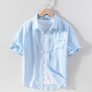 Camisas casuais masculinas 100% linho camisa de manga curta para homens verão peito bolso tops masculino cor sólida solta turn-down colarinho264s