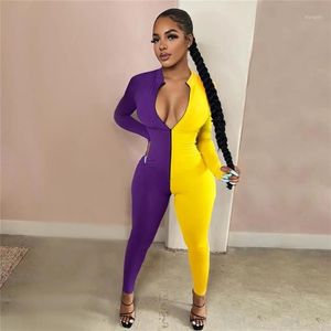 Kobiety Jumpsuits rompers z przodu zamek błyskawiczny seksowne jednoczęściowe bodysuit kobiety głębokie v szyja kombinezon długi rękaw