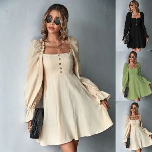 0C62M650 Autumn Women's Dress Puff Sleeve Long Sleeved French A-line Skirt Waist retraction Ruffle Edge Premium Customization