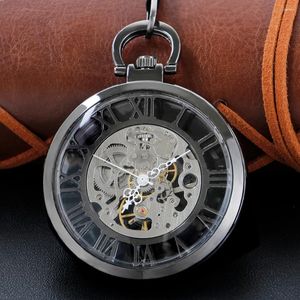 Pocket Watches Classic Grey Hand Winding All-Steel Watch Fashion Unique Skeleton Transparent Mechanical Fob Chain Gift