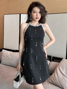 Basic Casual Dresses Summer Women's Mini Dress Luxury Fashion Black O-neck Shine Diamond Tassel Slim Gown Femme Evening Party Banquet Runway Vestidos 2024