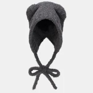 Berets inverno grosso pelúcia quente aconchegante urso orelha malha chapéu meninas bonito doce macio engrossar proteção com laço para esporte ao ar livre