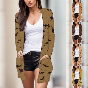 Jaquetas femininas Mulheres outono Halloween Cardigan esqueleto abóbora impressão casaco casual comprimento médio túnicas pullovers camisa branca overshirt