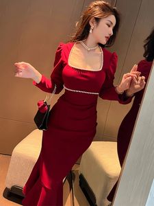 Basic Casual Dresses New Maxi Dresses for Women Elegant French Style Slim Trumpet Dress Pearl Long Puff Sleeve Robe Femme Party Office Clothing 2024