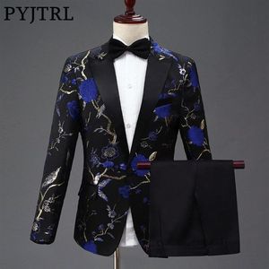 PyJtrl Ny design Mens Stylish Embroidery Royal Blue Green Red Floral Pattern Suits Stage Singer Wedding Groom Tuxedo Costume CJ19320Y