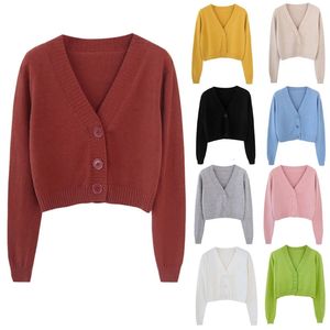 Mulheres suéteres mulheres outono manga comprida camisola cardigan sexy vneck botão para baixo jaqueta cortada doce sólido doce cor solta malha outwear c 231013