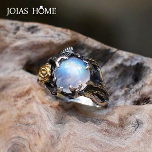 JoiasHome 925 Sterling Silber Damenring Vintage Roségold Trennung Baumblatt natürlicher Mondstein Thai Silber Schmuck Geschenk243N