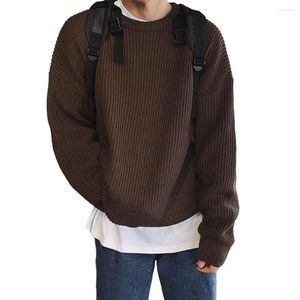 Herrtröjor män tröja avslappnad fit streetwear-inspirerad koreansk stickad lös fast färg o-hals lång ärm