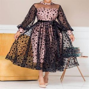 Casual Kleider Große Größe Frauen Polka Dot Maxi Kleid Perspektive Mesh Nähte Temperament A-linie Durchsichtig O-ansatz Party2895