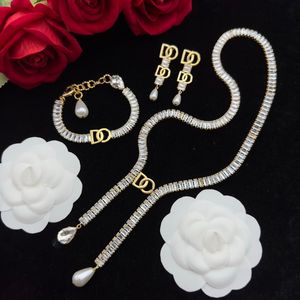 White Full Diamond Pearl Pendant Necklace Bracelet Earrings Advanced Feel Versatile INS Mesh Red Hip Hop Chain Sweater Chain ladies Wedding Jewelry Gift DSN7 -22