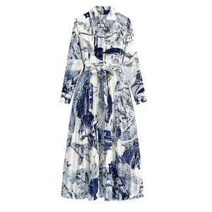 Designer Luxury Women Runway Dresses Långärmning avbryta krage kvinnlig sexig smal mittkalv veckad Milan -klänning med Bel S36T261Q