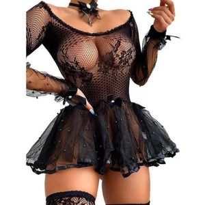 Bras Sets Female Dress Lace Floral Round Neck Long Sleeve Hollow Out 1-Piece Sexy Lingerie For Summer Black260b