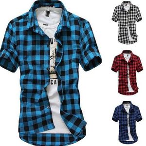 Mens Check Shirt Flannel Brushed Cotton Short Sleeves Casual Slim Fit Top Plus Size 210701255O