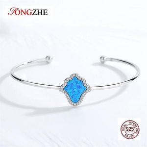 Luck Hamsa Fatima 925 STERLING Gümüş Kadın Bilezik Bangler Mavi Opal Açık El Tasarımcı Bilezikler Lüks Takı Bangle27708