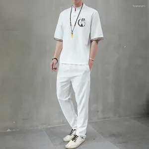 Men's Tracksuits Summer Suit Chinese Wind Embroidery Cotton And Linen Loose Leisure Tide Short Sleeve 4XL