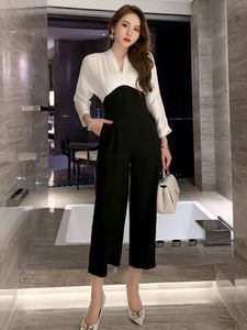 Women's Jumpsuits Satin Jumpsuit Women Black White Patchwork Long Sleeve High Waist Ankle Combinaison Femme Office Work Street Monos Mujer Spring 2024